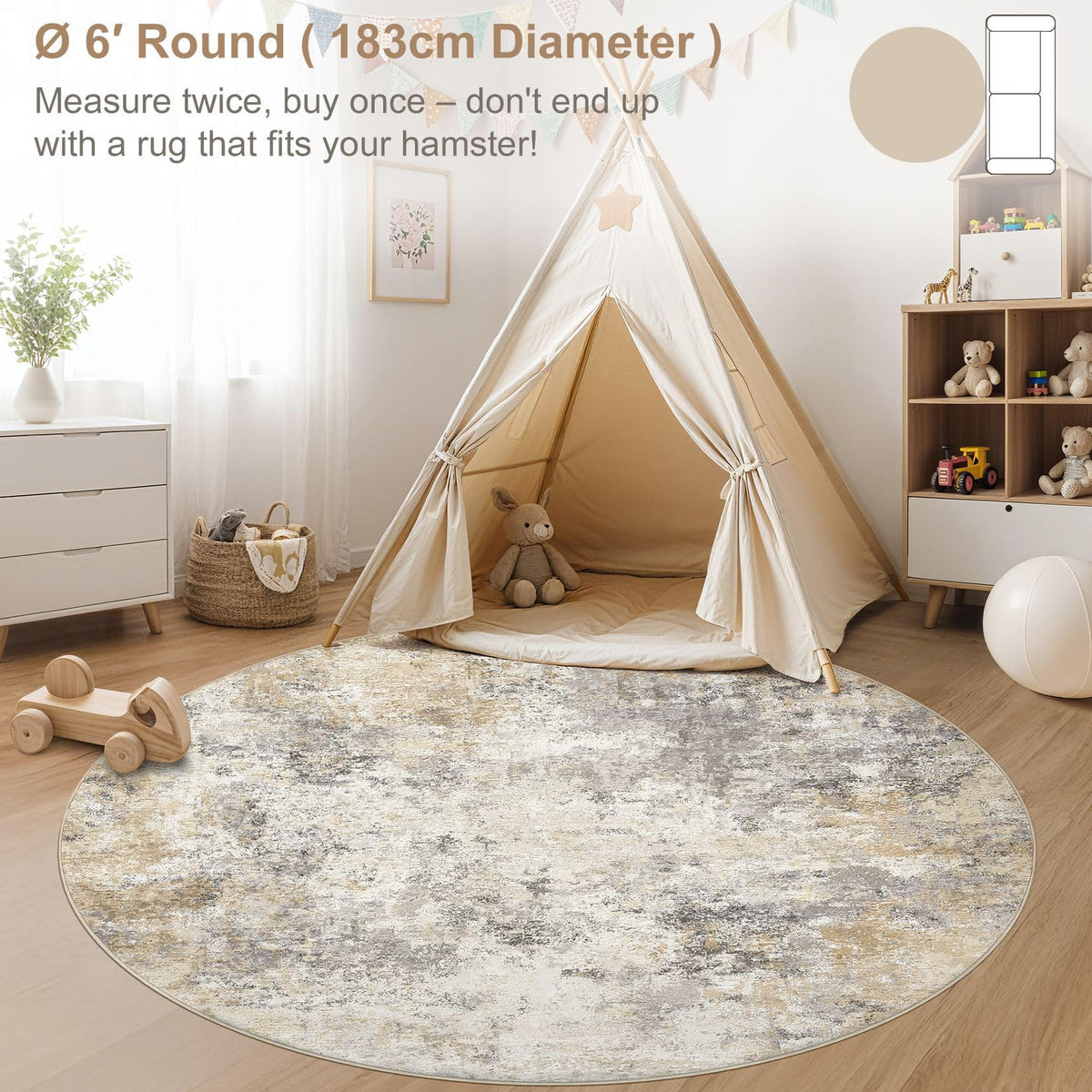 6ft Round Area Rug Living Room Rugs (Golden Grey / 6' (Round))