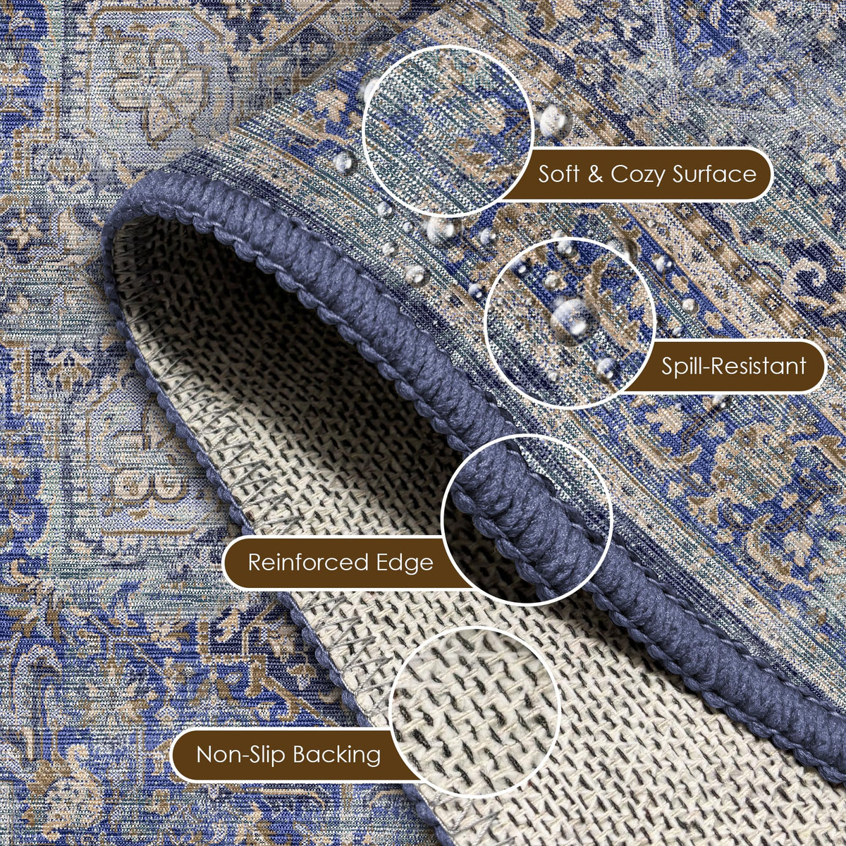 Washable Area Rug 3' x 5 ' Vintage Traditional Persian Mat (Indigo and Gold / 3' x 5' (Rectangular))