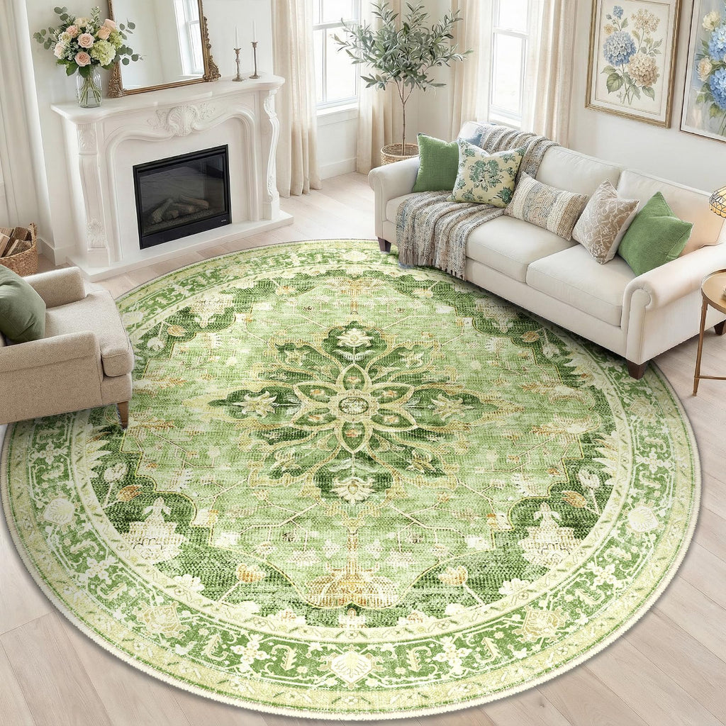 Washable Area Rug (Green/Yellow / 8' (Round))