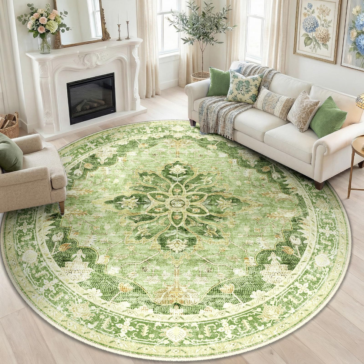 Washable Area Rug (Green/Yellow / 8' (Round))