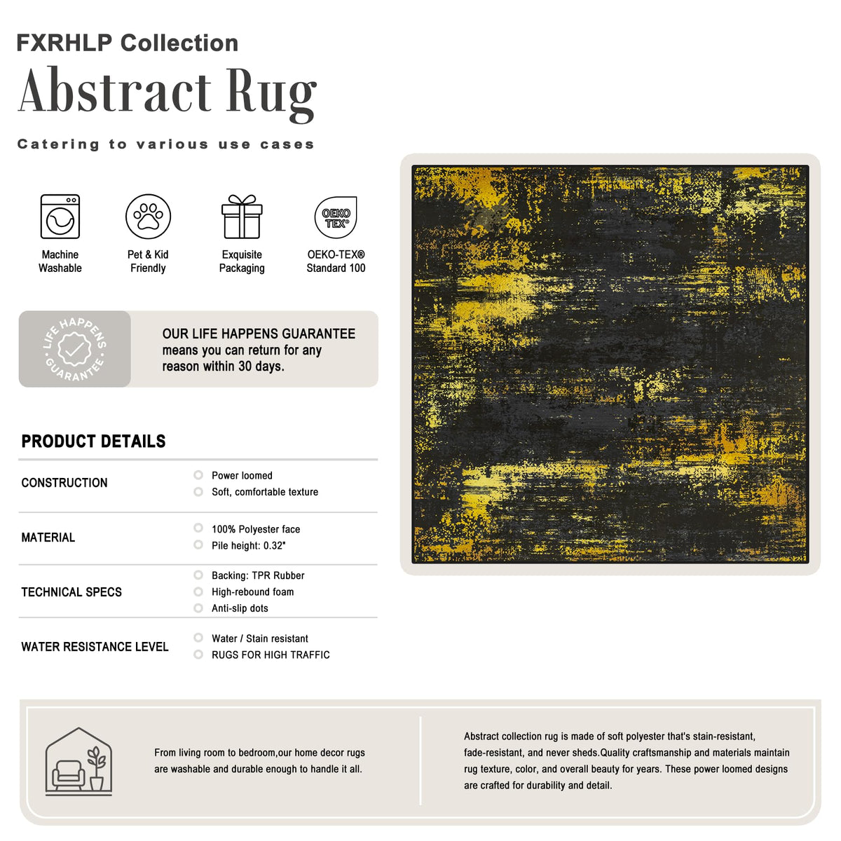 Area Rug Living Room (Dark Black Gold / 8' x 8' (Square))