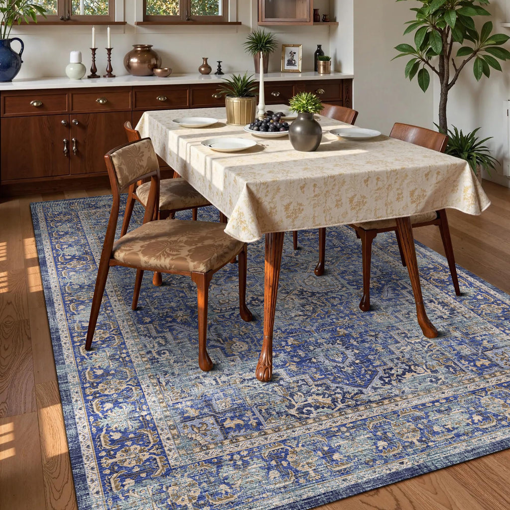 Washable Area Rug 3' x 5 ' Vintage Traditional Persian Mat (Indigo and Gold / 3' x 5' (Rectangular))