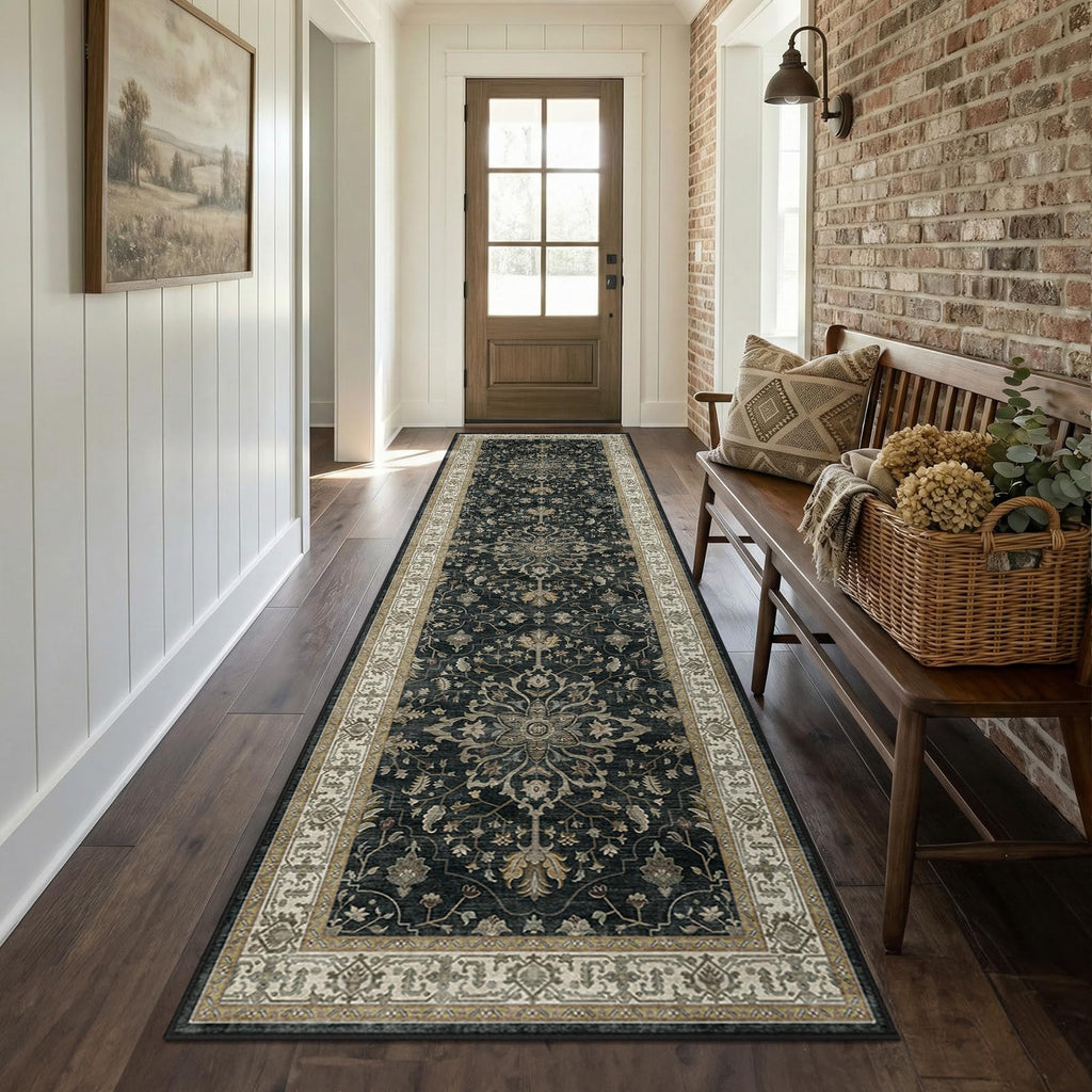 Washable Area Rug (Black/Vintage/Beige / 2' x 8' (Rectangular))