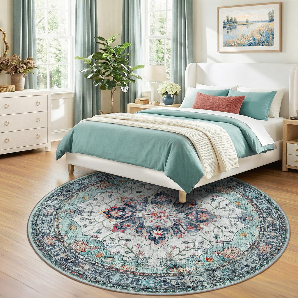 Washable Area Rug (Teal Green/White/Navy / 8' (Round))