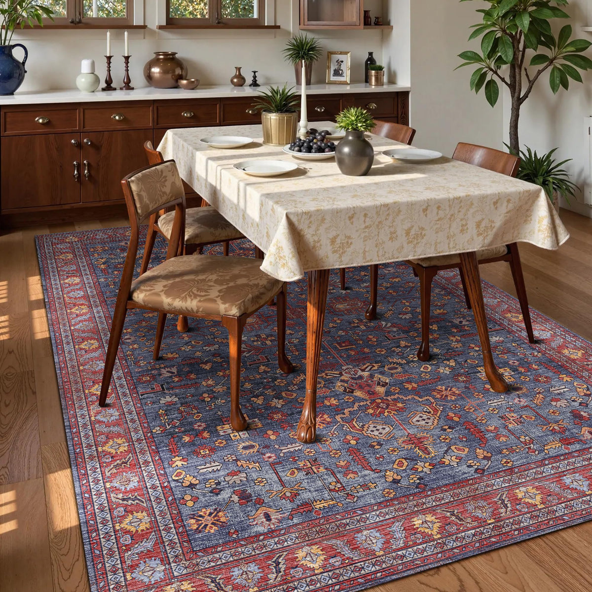 Washable Area Rug 5' x 7' Vintage Traditional Persian Mat (Indigo and Crimson / 5' x 7' (Rectangular))