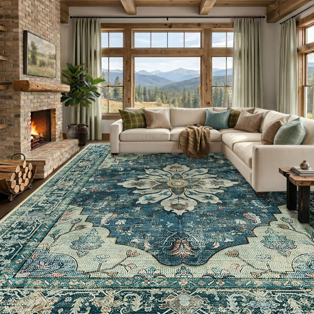 Washable Area Rug (Blue/Vintage Dark Blue / 9' x 12' (Rectangular))