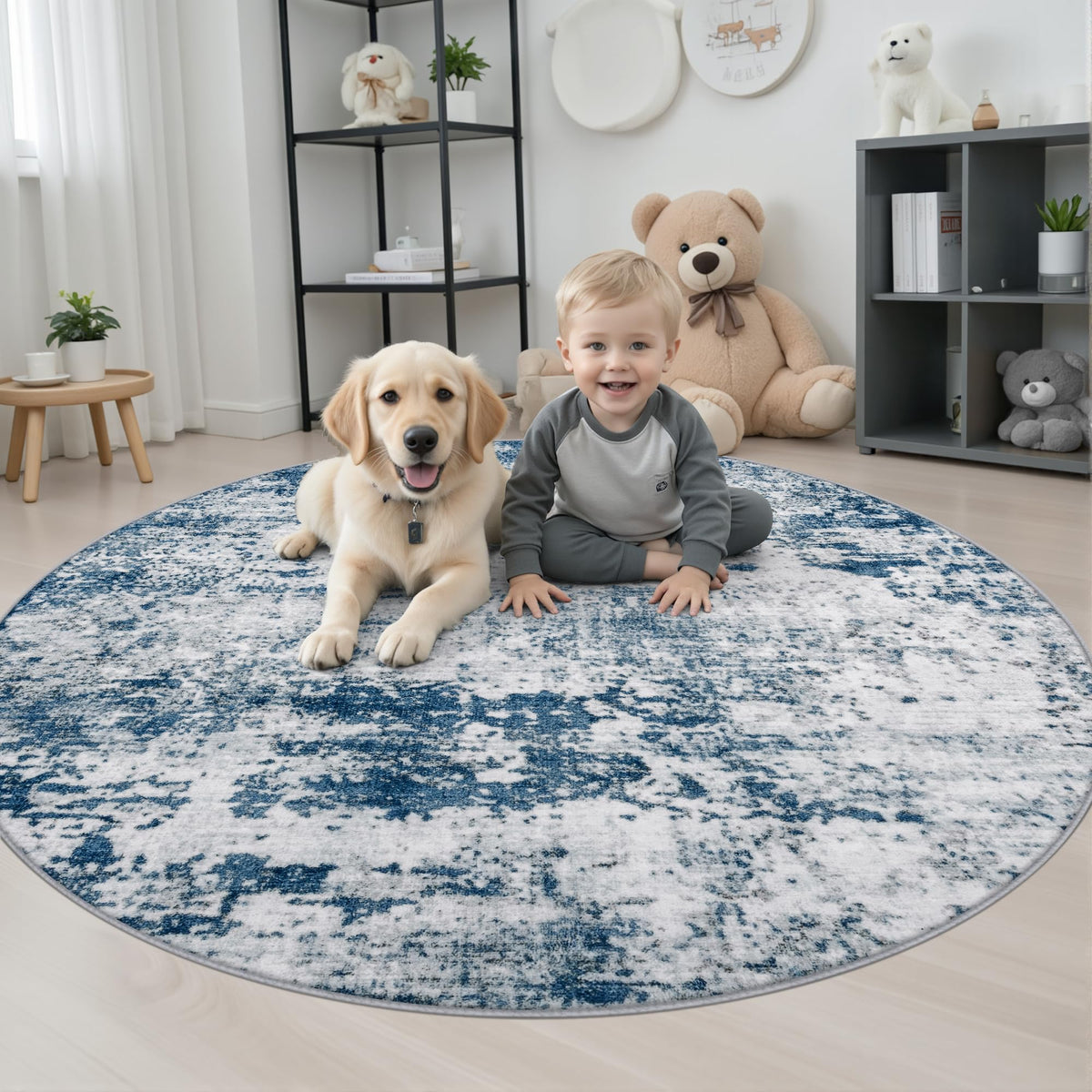 Round Area Rug Living Room (Blue / 4' (Round))