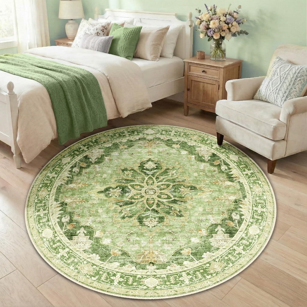Washable Area Rug (Green/Yellow / 5' (Round))