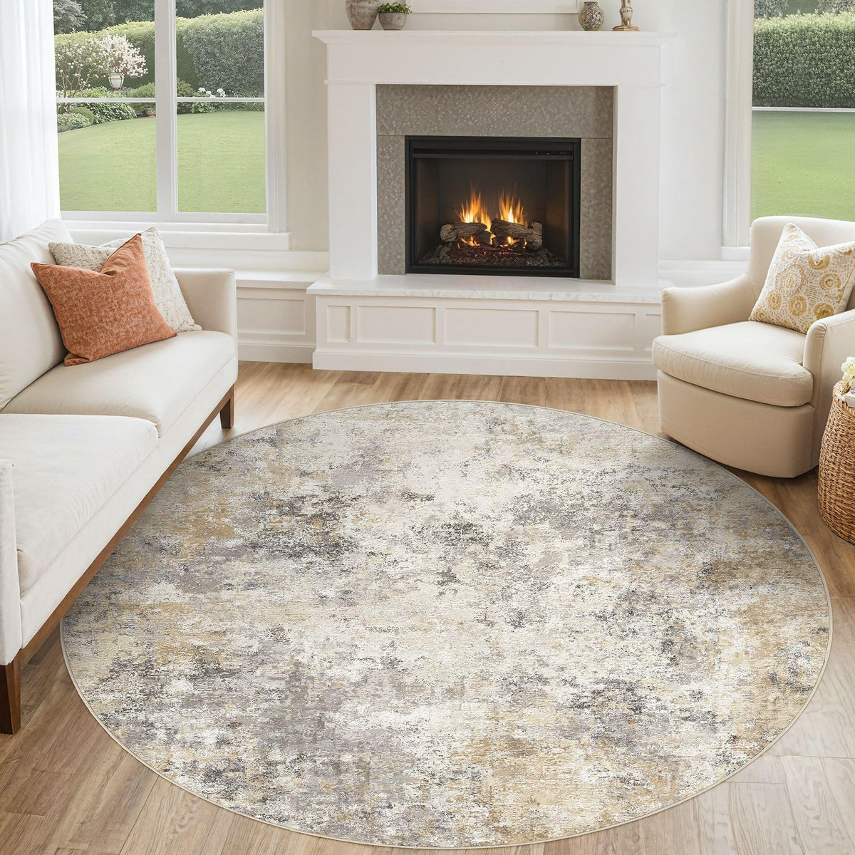 6ft Round Area Rug Living Room Rugs (Golden Grey / 6' (Round))