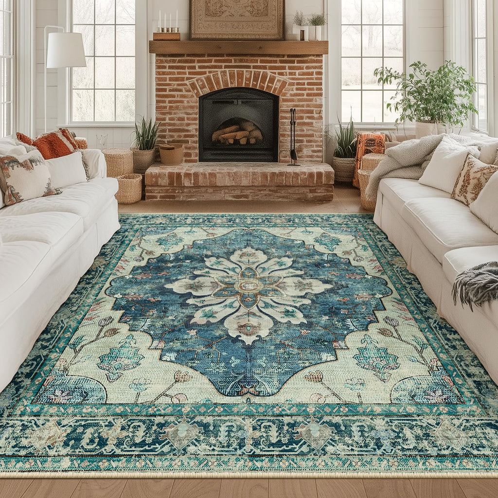 Washable Area Rug (Blue/Vintage Dark Blue / 8' x 8' (Square))