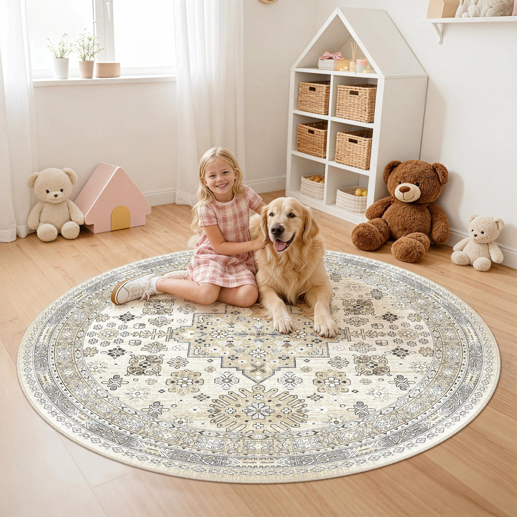 Round Rug 6ft (Beige/Grey / 6' (Round))