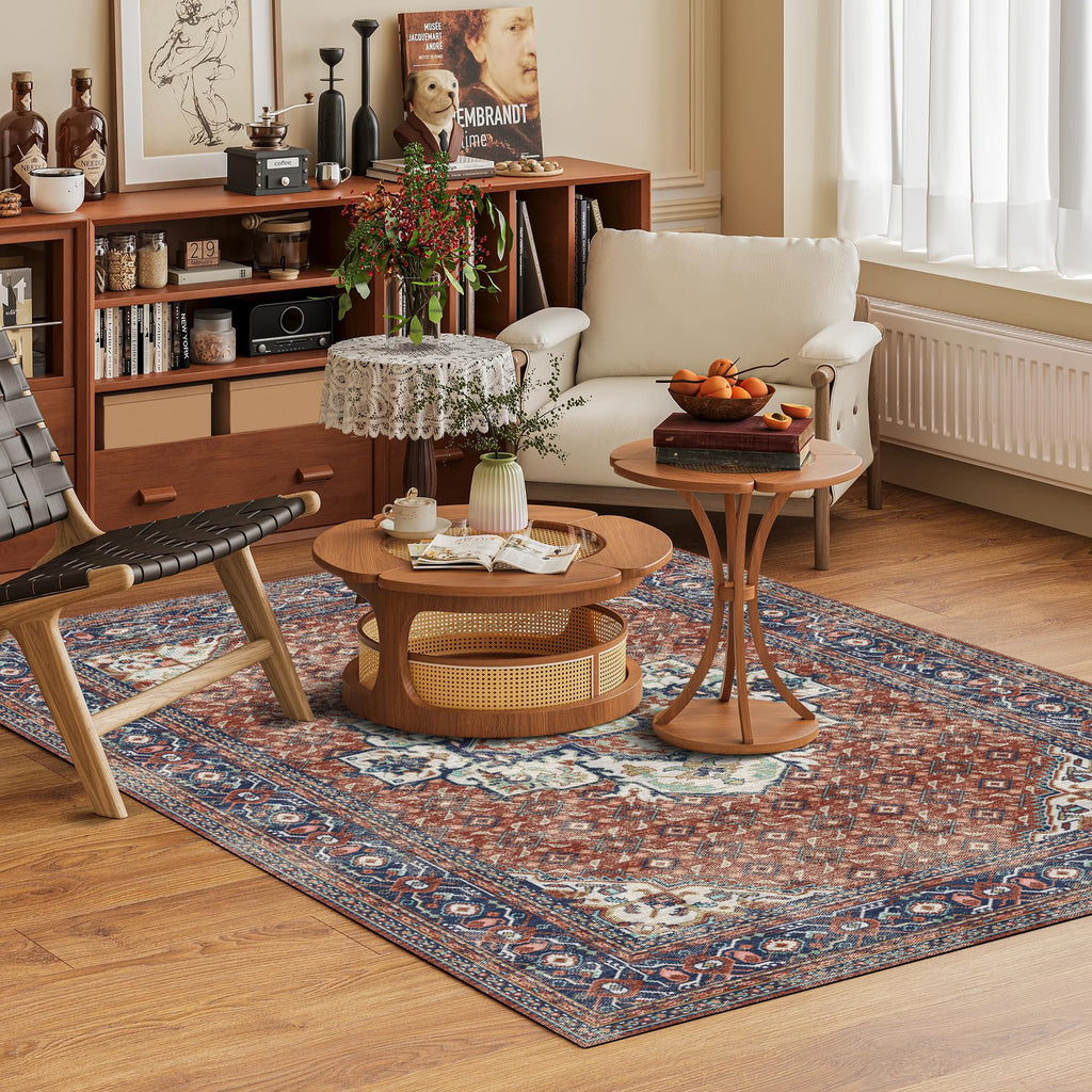 Washable Area Rug 9' x 12' Vintage Traditional Persian Mat (Terracotta and Navy / 9' x 12' (Rectangular))