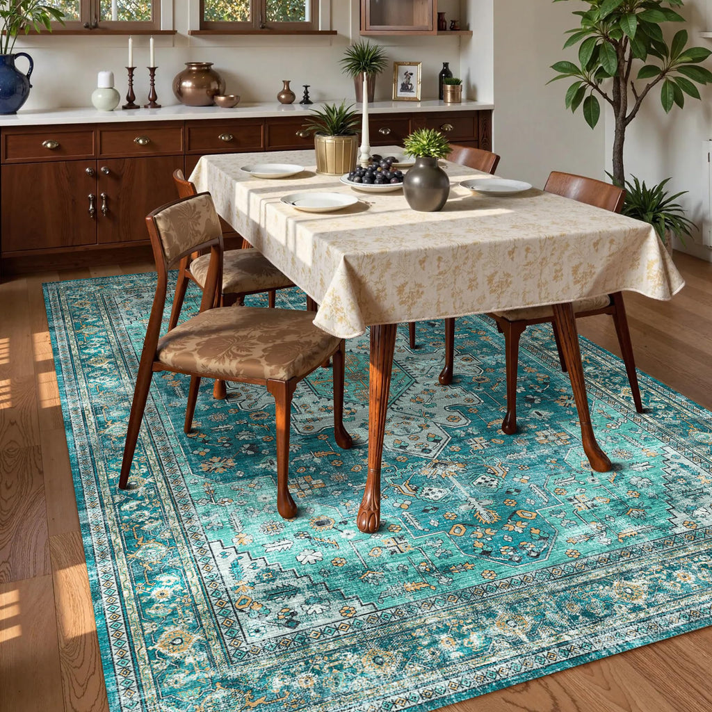 Washable Area Rug 4' x 6' Vintage Traditional Persian Mat (Teal and Gold / 4' x 6' (Rectangular))