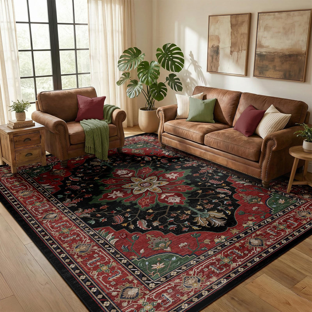 Washable Area Rug (Red / Black / 5' x 7' (Rectangular))