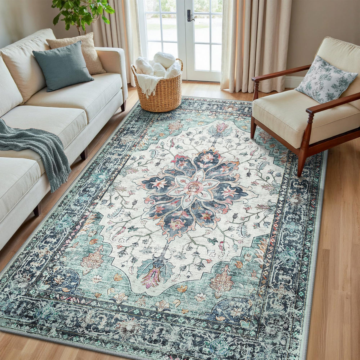 Washable Area Rug (Teal Green/White/Navy / 5' x 8' (Rectangular))