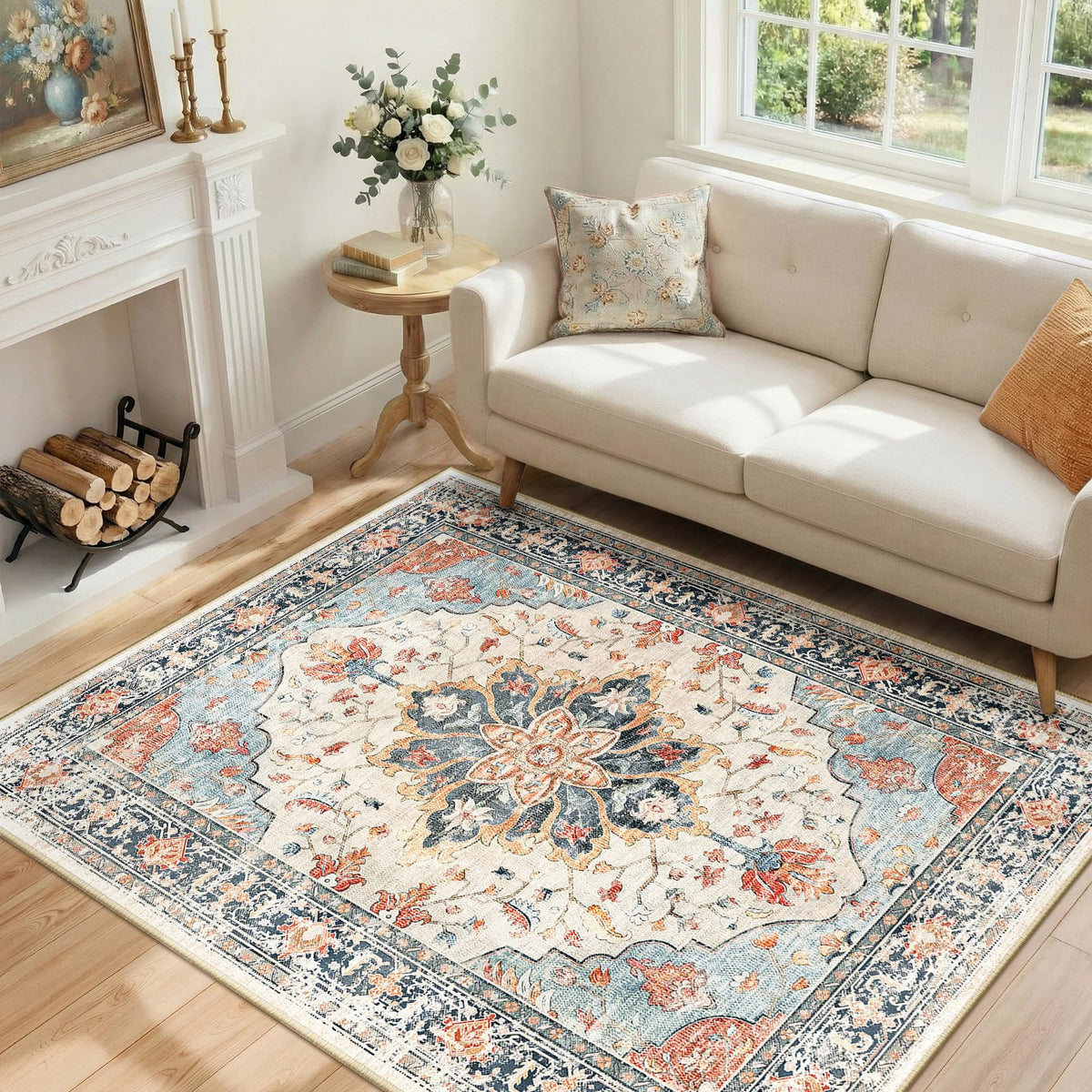 Washable Area Rug (Beige/Blue/Orange / 5' x 7' (Rectangular))