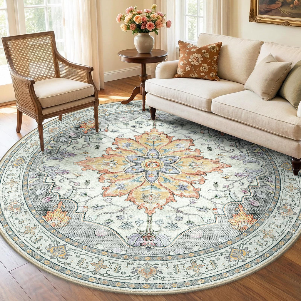 Washable Area Rug (Beige/Carbon Grey/Orange / 6' (Round))