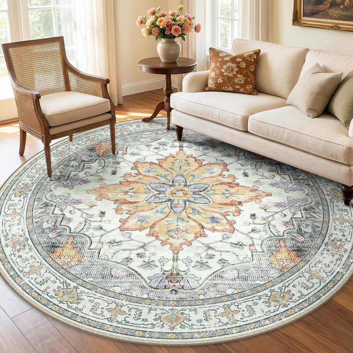 Washable Area Rug (Beige/Carbon Grey/Orange / 6' (Round))