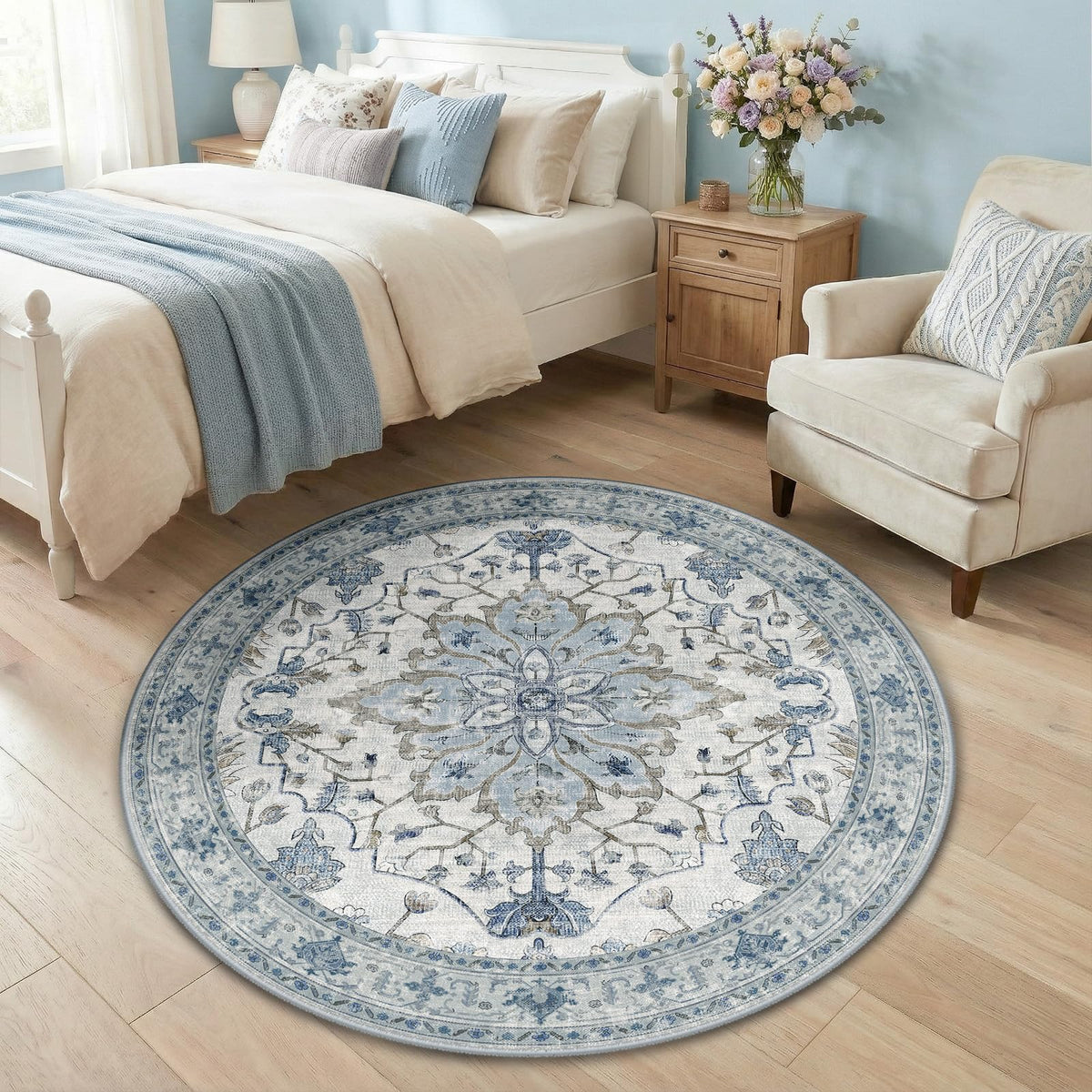 Washable Area Rug (Blue/White/Gray / 4' (Round))