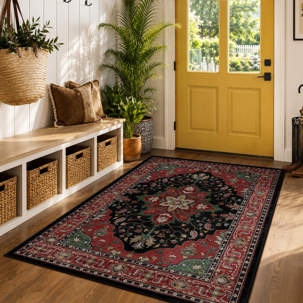 Washable Area Rug (Red / Black / 5' x 7' (Rectangular))