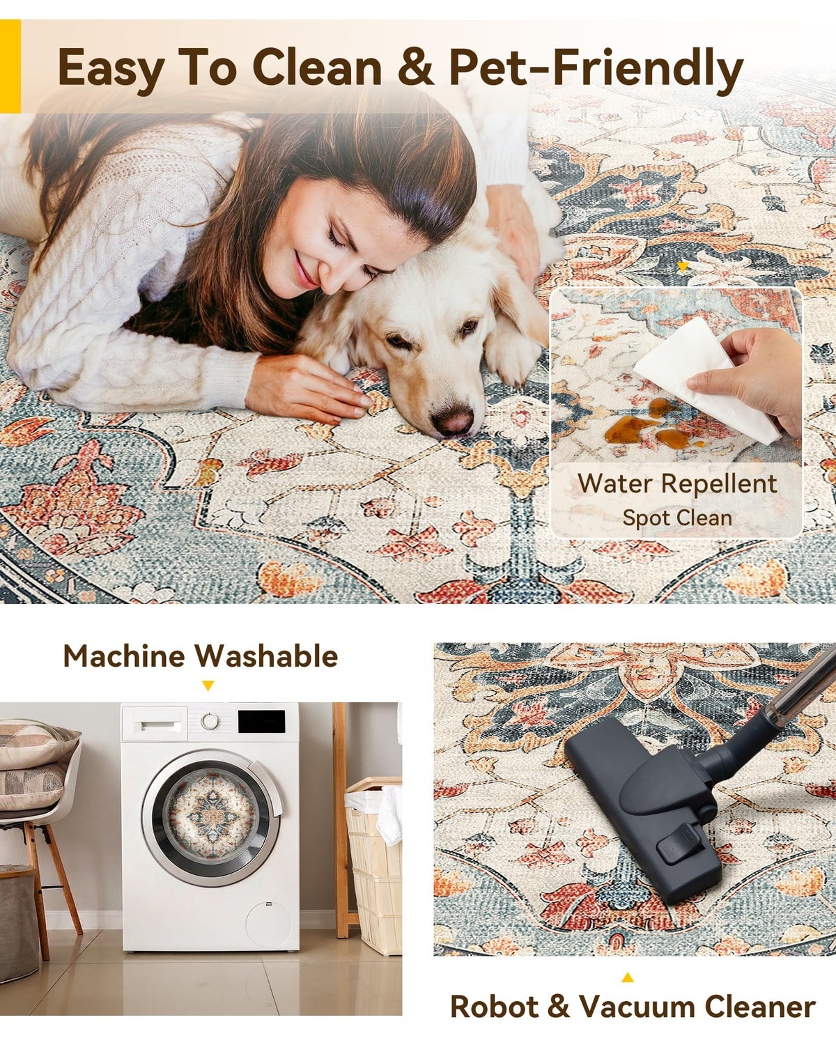 Washable Area Rug (Beige/Blue/Orange / 5' (Round))