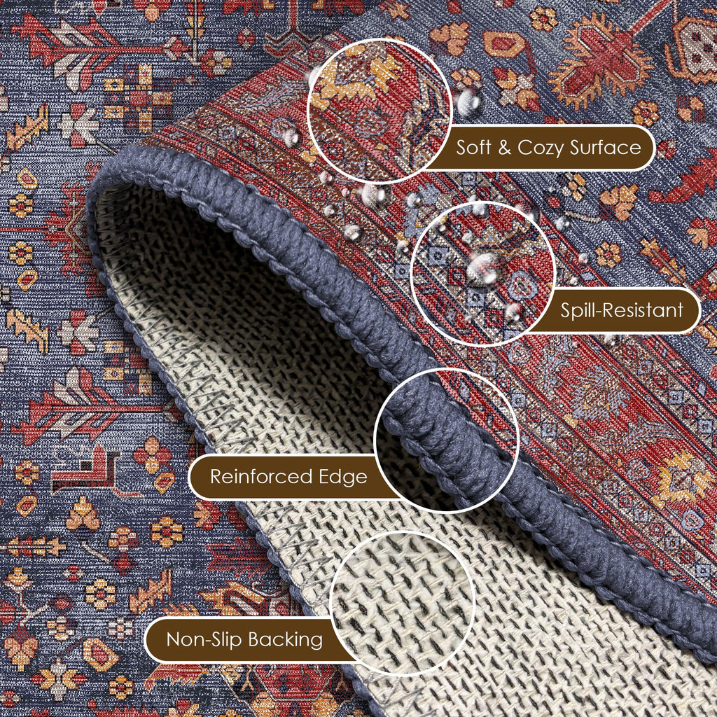 Washable Area Rug 3' x 5 ' Vintage Traditional Persian Mat (Indigo and Crimson / 3' x 5' (Rectangular))
