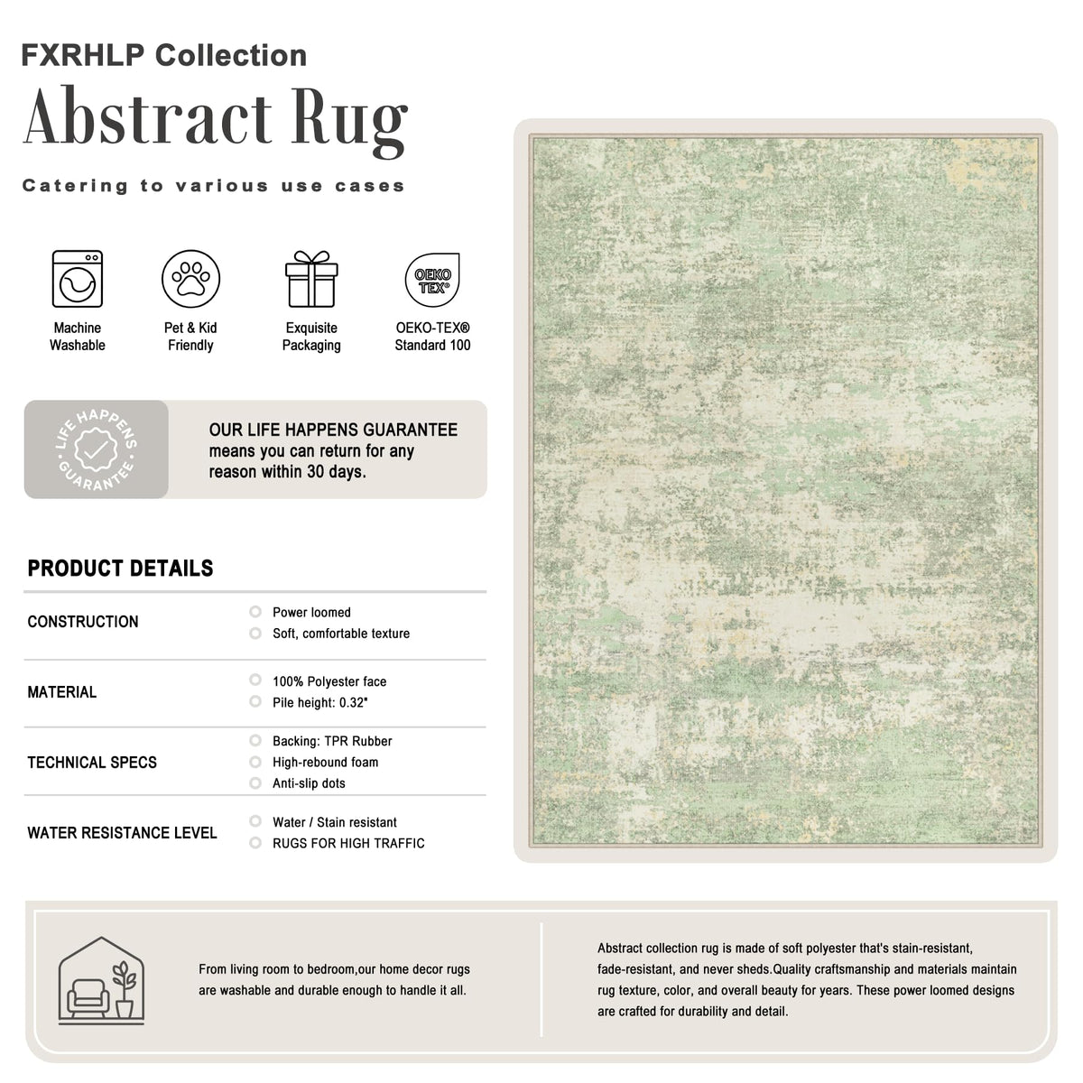 5x8 Area Rug Living Room (Green Cream / 5' x 8' (Rectangular))