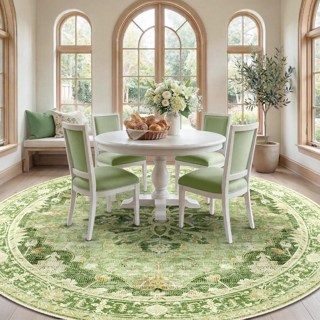 Washable Area Rug (Green/Yellow / 8' (Round))