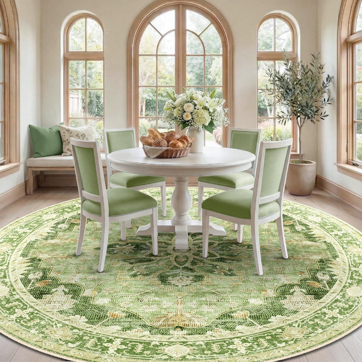 Washable Area Rug (Green/Yellow / 8' (Round))