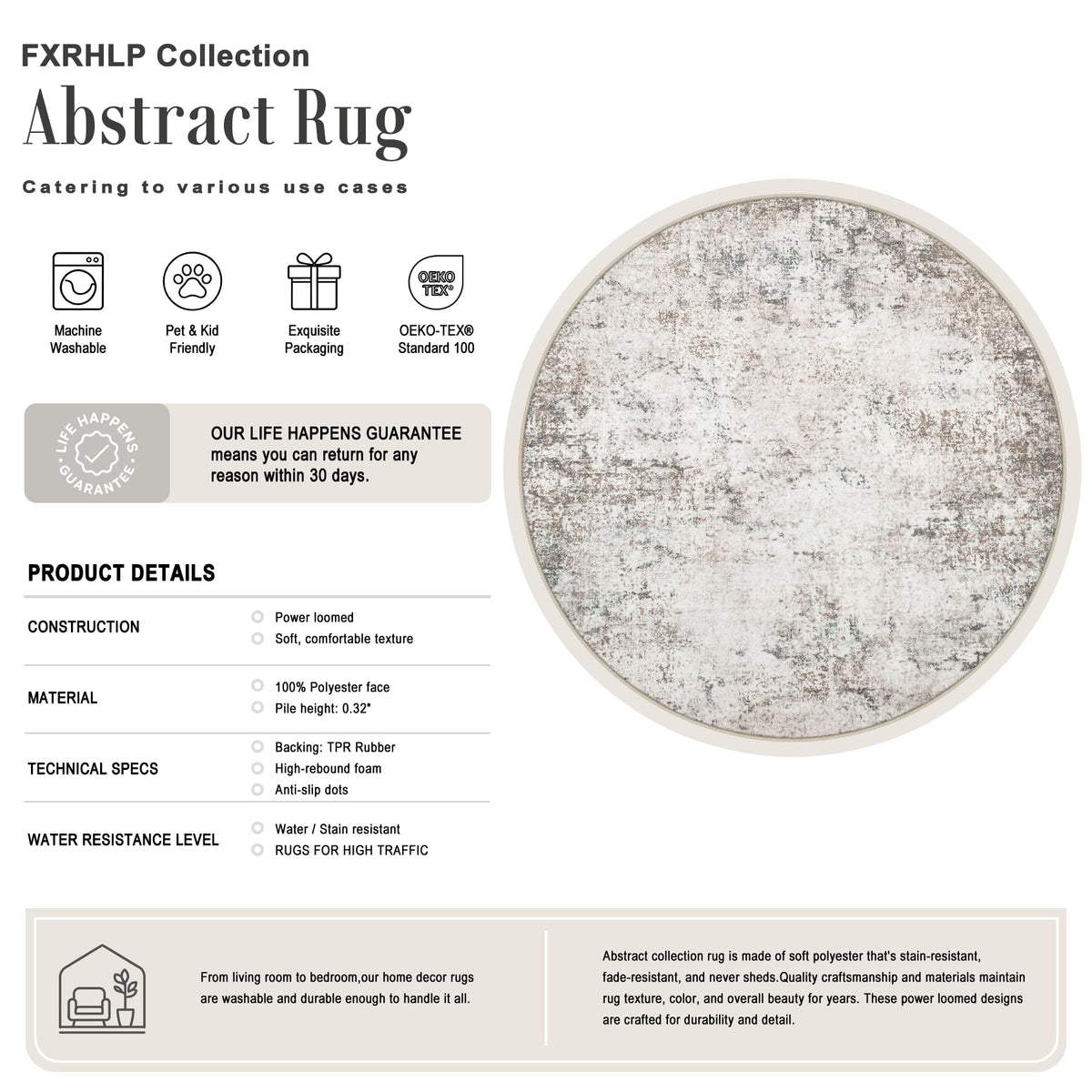 Round Area Rug Living Room (Brown Grey / 4' (Round))
