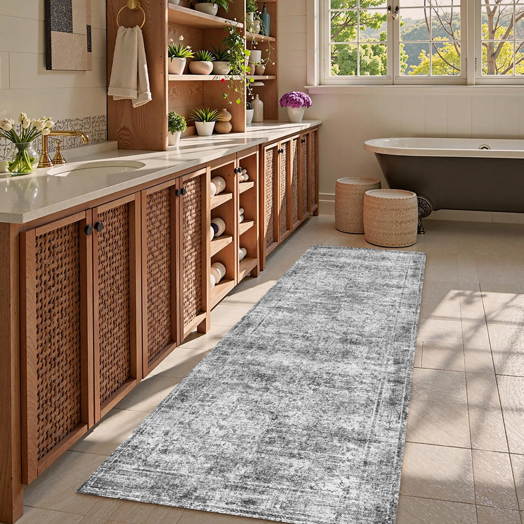 Washable Area Rug 2'6'' x 8' Vintage Traditional Persian Mat (Graphite and Mist / 2'6" x 8' (Rectangular))