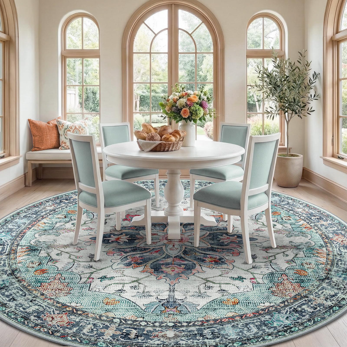 Washable Area Rug (Teal Green/White/Navy / 8' (Round))