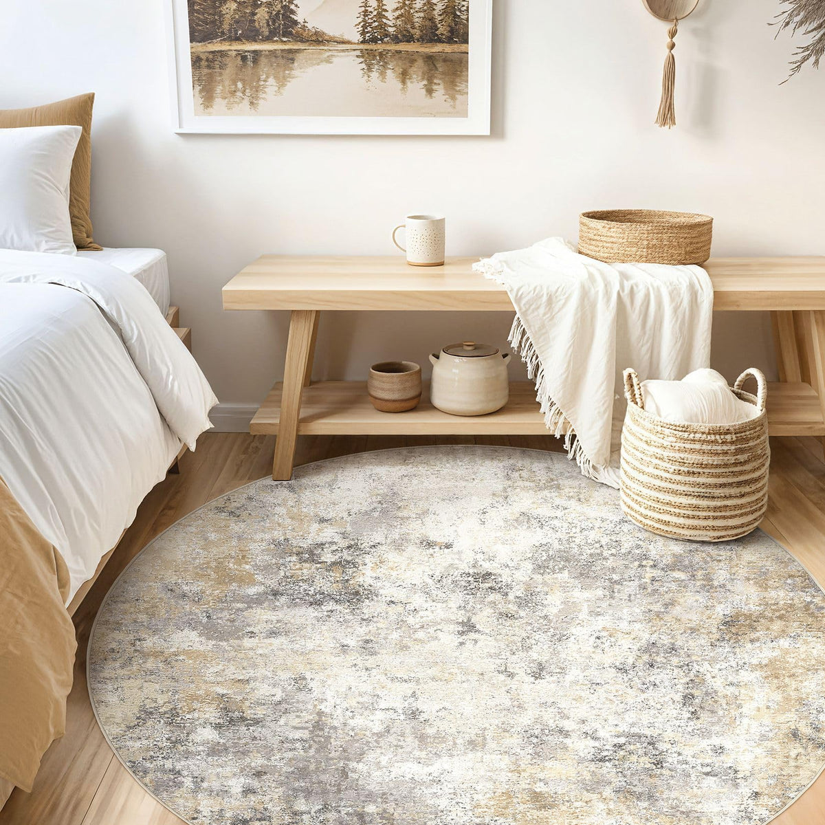 6ft Round Area Rug Living Room Rugs (Golden Grey / 6' (Round))