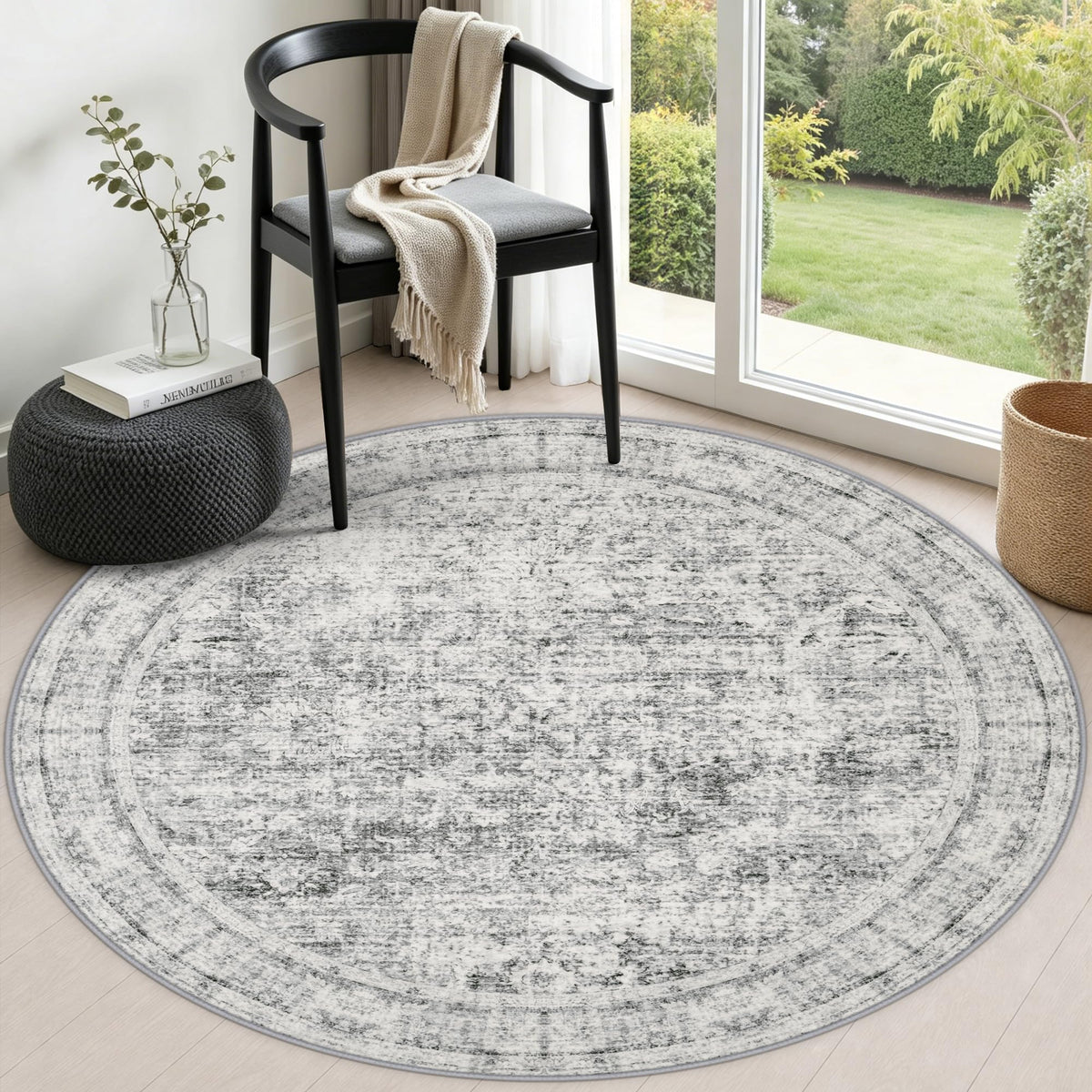 Round Area Rug Living Room (Retro Black Grey / 5' (Round))