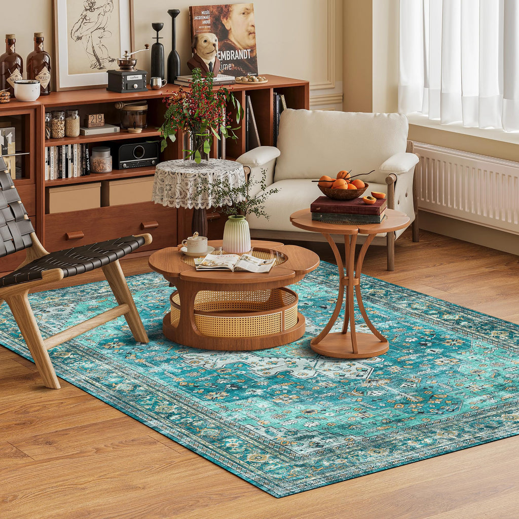Washable Area Rug 4' x 6' Vintage Traditional Persian Mat (Teal and Gold / 4' x 6' (Rectangular))