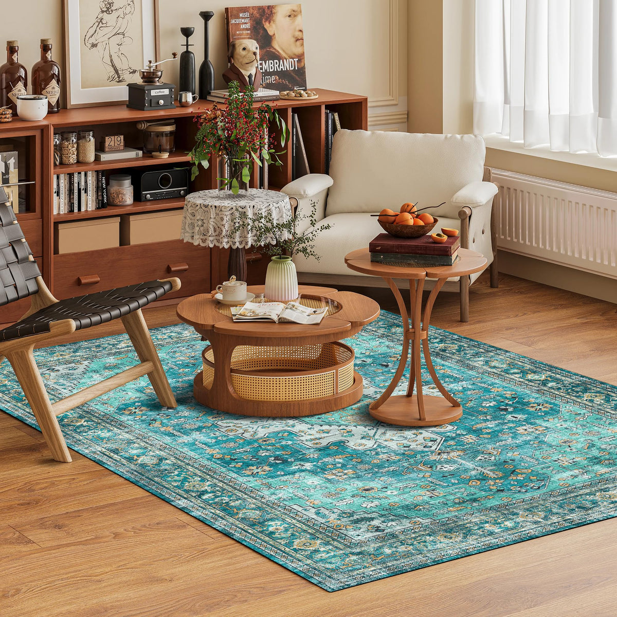 Washable Area Rug 4' x 6' Vintage Traditional Persian Mat (Teal and Gold / 4' x 6' (Rectangular))