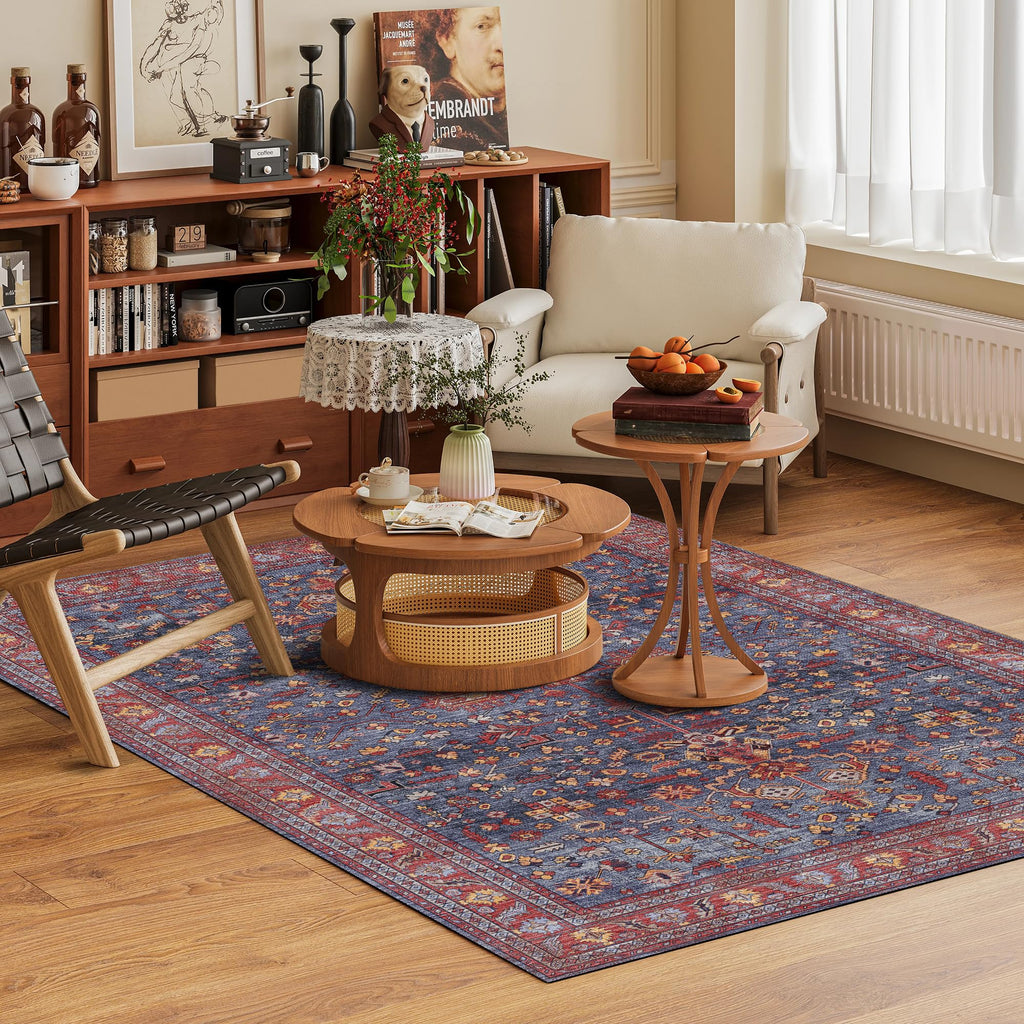 Washable Area Rug 8' x 10' Vintage Traditional Persian Mat (Indigo and Crimson / 8' x 10' (Rectangular))