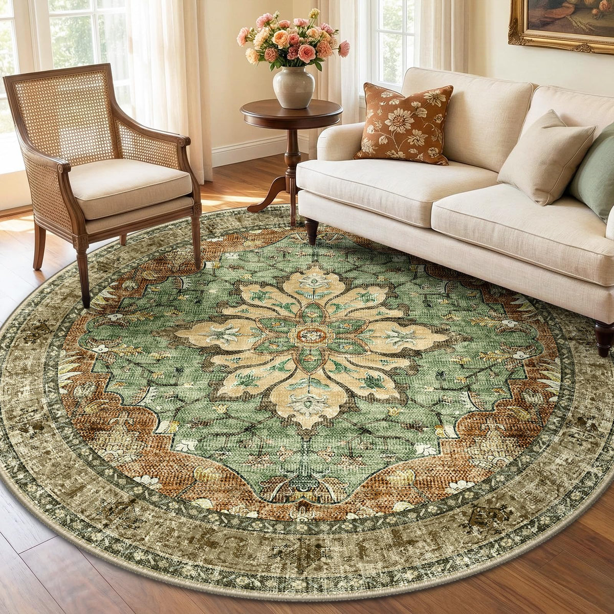 Washable Area Rug (Brick/Brown/Green / 6' (Round))