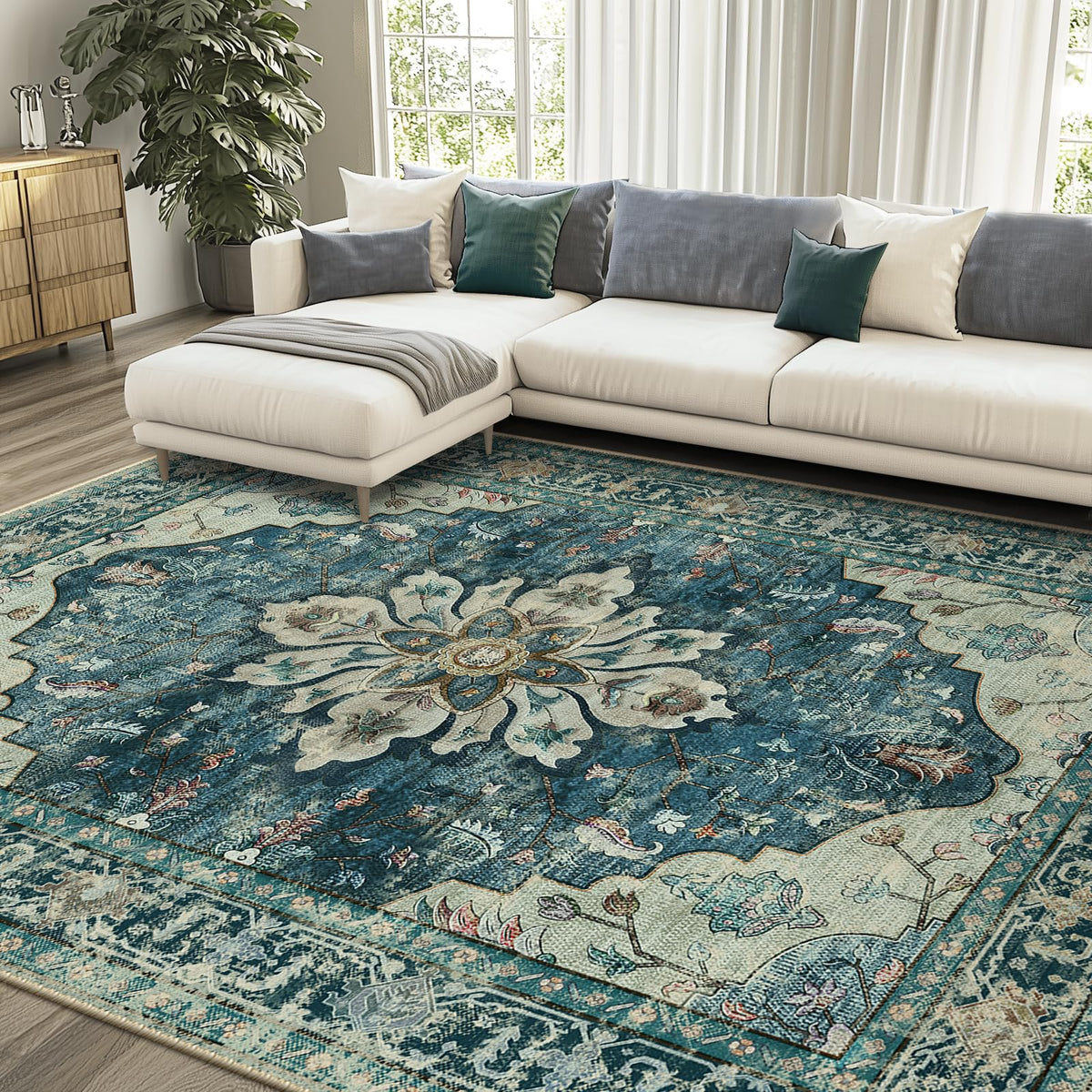 Washable Area Rug (Blue/Vintage Dark Blue / 9' x 12' (Rectangular))