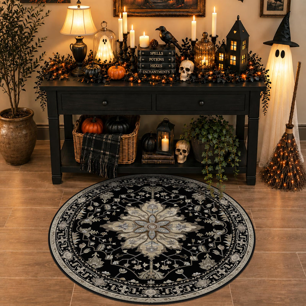 Washable Area Rug (Black/Neutral / 6' (Round))