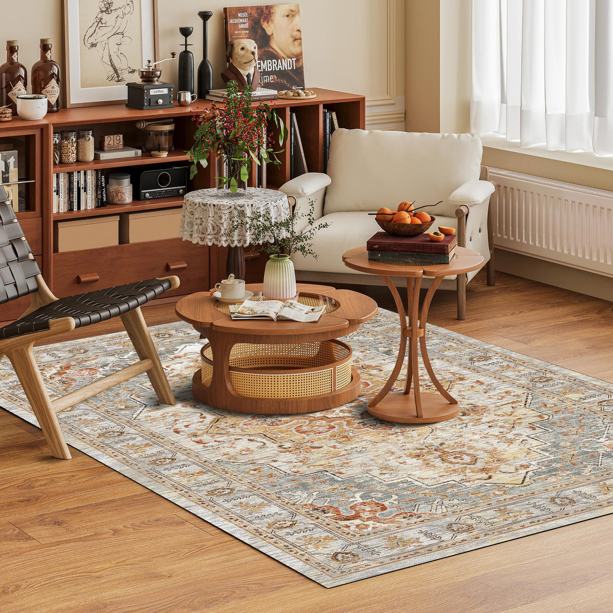 Washable Area Rug 9' x 12' Vintage Traditional Persian Mat (Dove Gray and Coral / 9' x 12' (Rectangular))