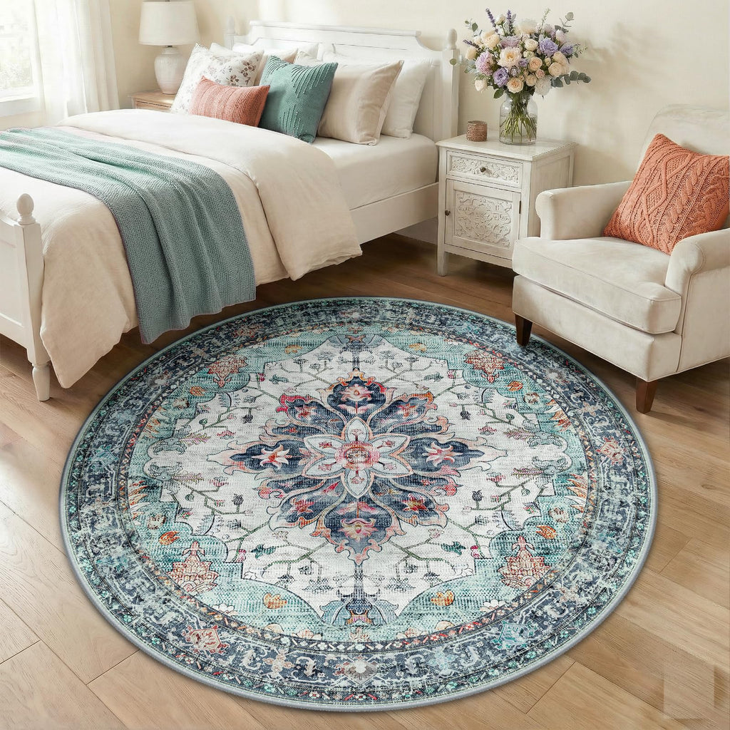 Washable Area Rug (Teal Green/White/Navy / 5' (Round))