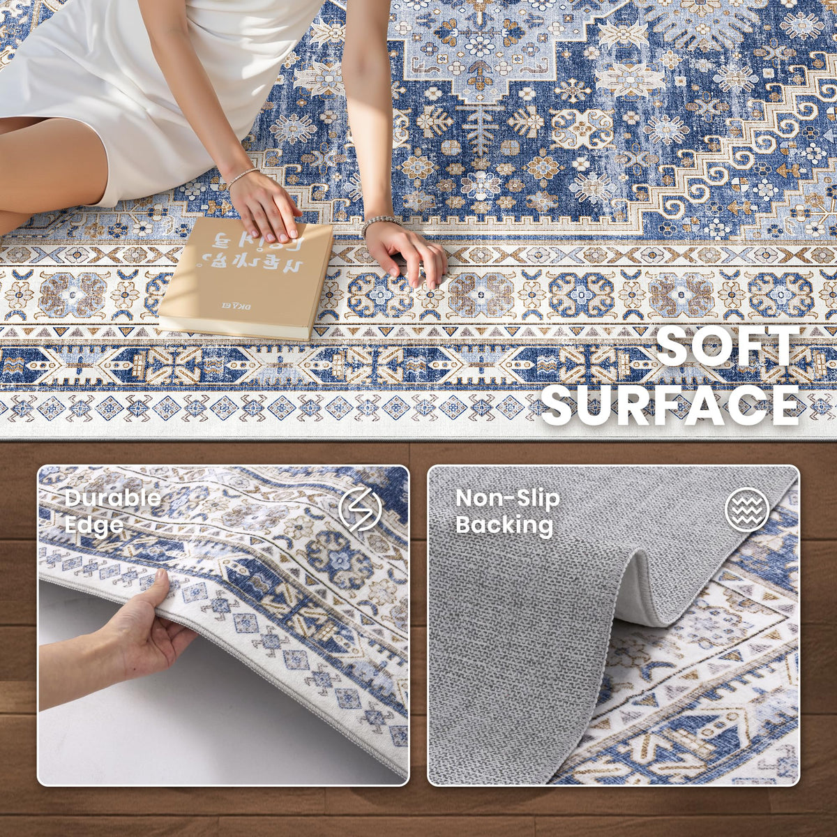 2'6 x 16' Runner Rug Non Slip (Blue/Beige / 2'6" x 16' (Runner))