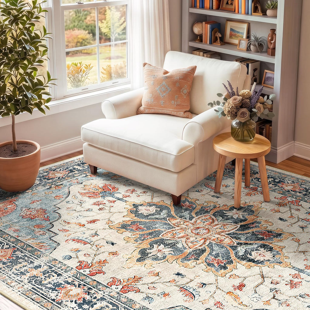 Washable Area Rug (Beige/Blue/Orange / 5' x 7' (Rectangular))