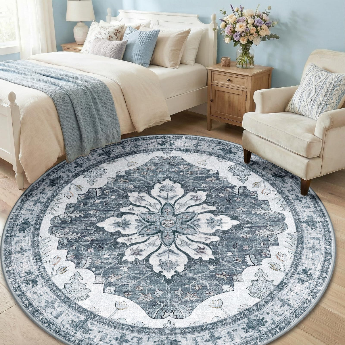 Washable Area Rug (Grey/White/Beige / 6' (Round))
