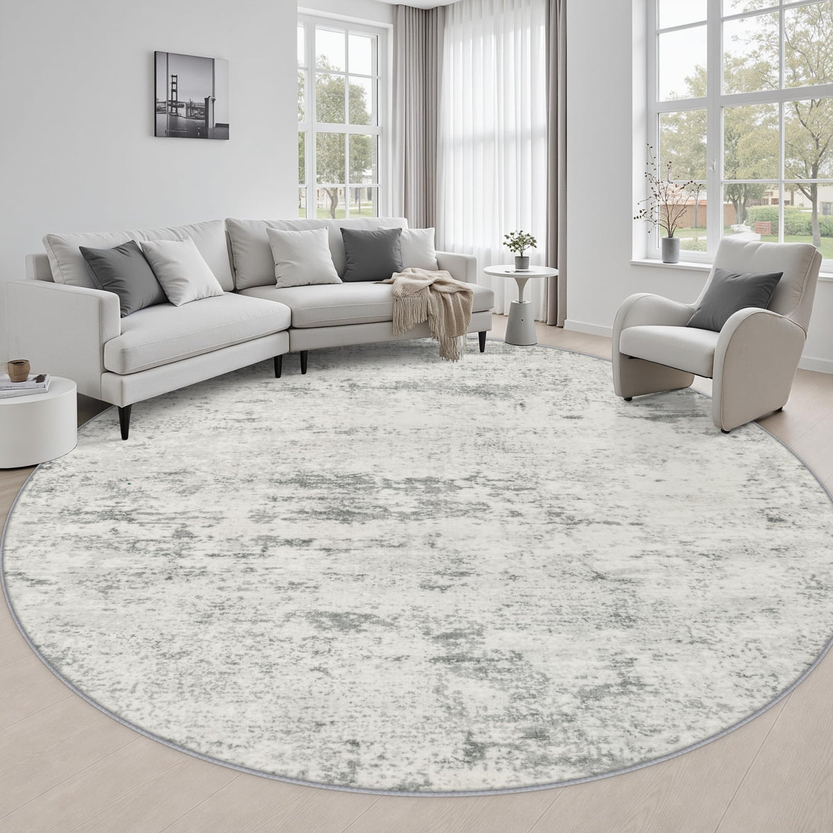 Round Area Rug Living Room (Grey White / 8' (Round))