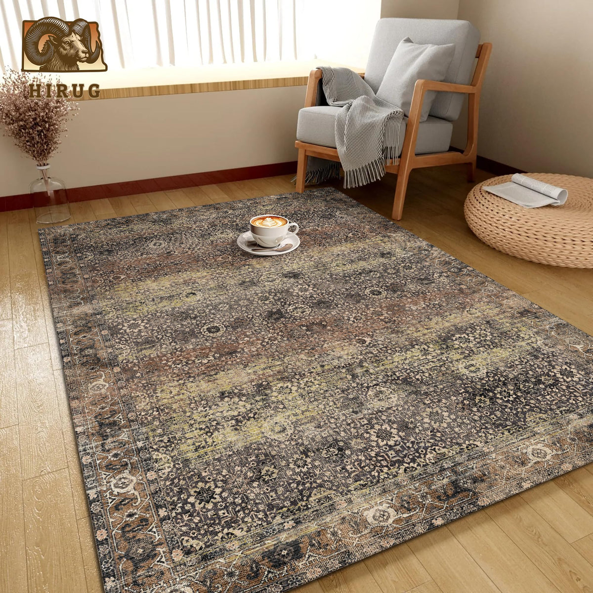 Washable Area Rug 5' x 7' Vintage Traditional Persian Mat (Umber and Slate / 5' x 7' (Rectangular))