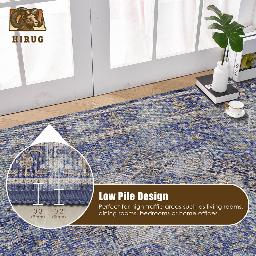 Washable Area Rug 3' x 5 ' Vintage Traditional Persian Mat (Indigo and Gold / 3' x 5' (Rectangular))
