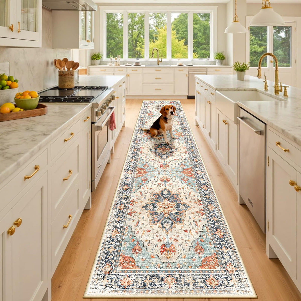 Washable Area Rug (Beige/Blue/Orange / 2' x 10' (Rectangular))