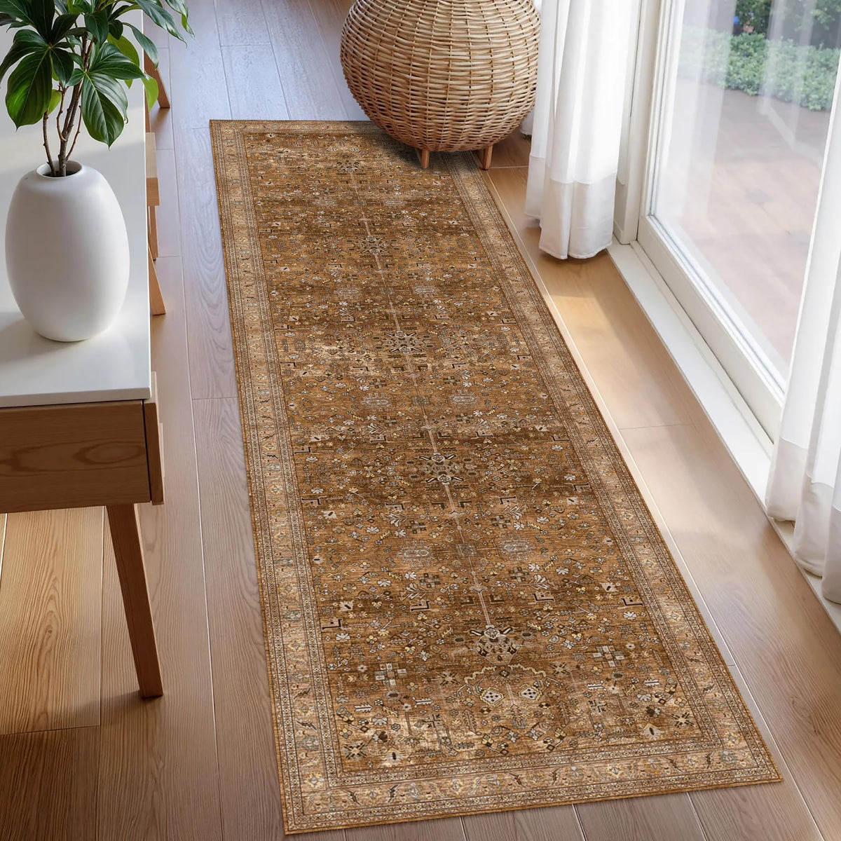 Washable Area Rug 2'6'' x 8' Vintage Traditional Persian Mat (Bronze and Ivory / 2'6" x 8' (Rectangular))